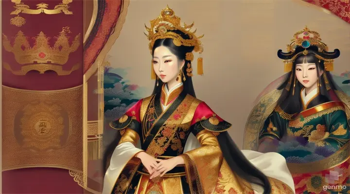 The image shows a character with a blurred face. Surrounded by the environment of the Chinese Dynasty Hall, the character is a beautiful female emperor, smiling happily. The head of the person in the picture was covered. There is a crown-like ornament on the head that looks luxuriously decorated. It had a luxuriously decorated appearance, with long flowing hair, large blue eyes, a slight smile, and wearing exquisite gold jewelry. horizontal image