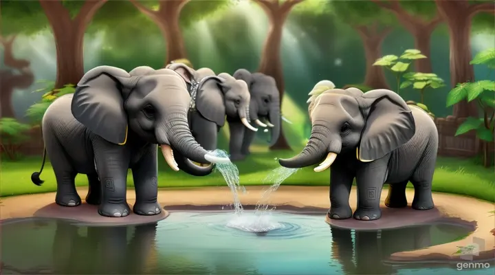 cartoon of two baby elephants drinking water from a pit , 16:9 ratio