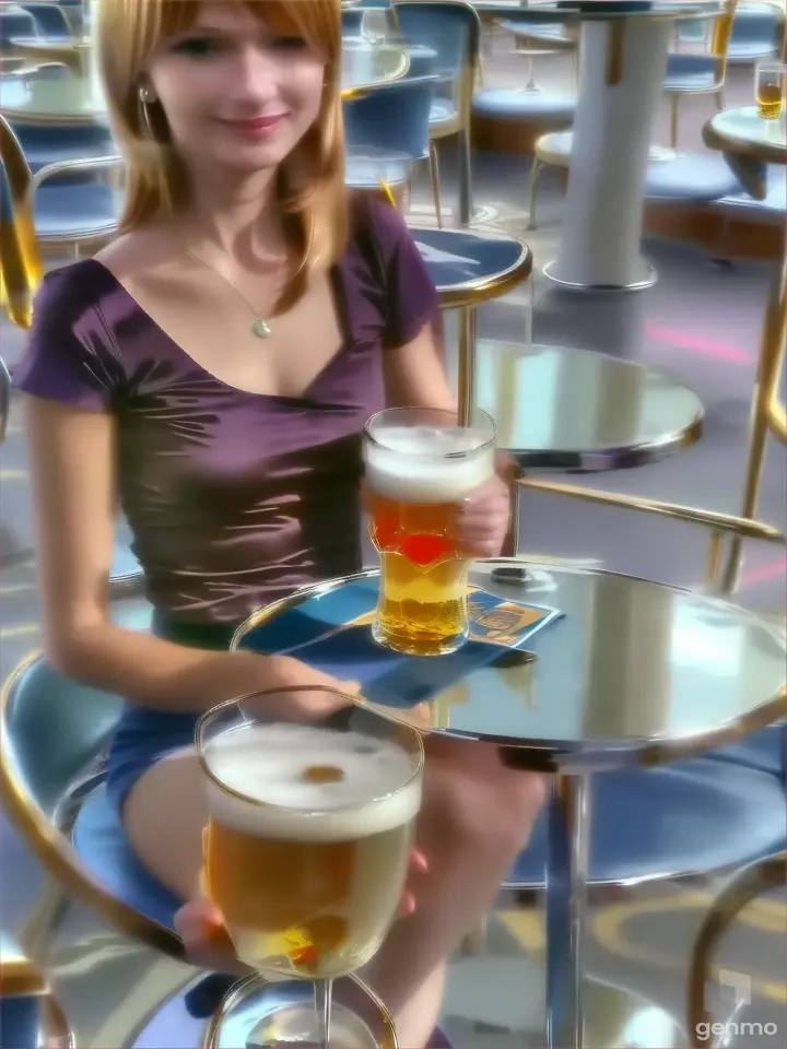 a woman with blonde hair sitting at a table enjoying a glass of beer in a cruise ship jazz club