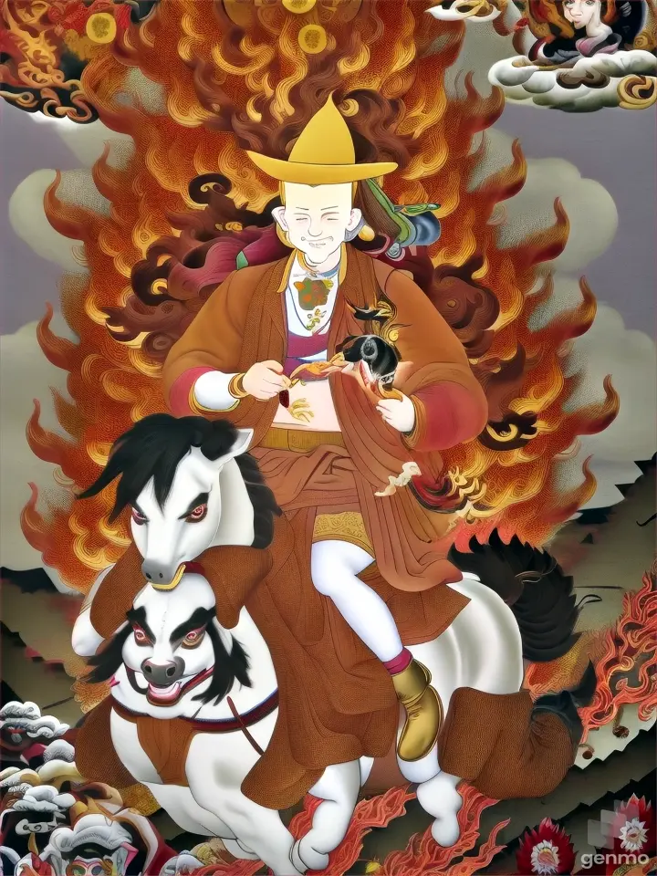 a painting of a person on a horse surrounded by animals, he smiles, flames of fire are flaming and the animal moves his head and eyes