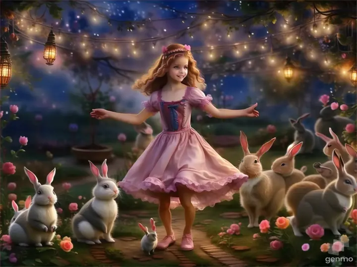 a little girl in a pink dress surrounded by rabbits