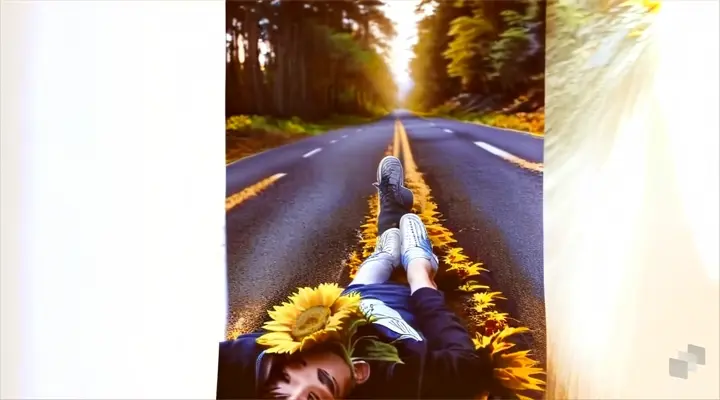 a person laying on the side of a desert road with a sunflower