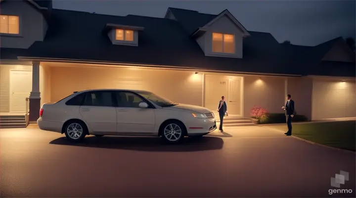 A man and woman come out of the car at a dark night, just outside their house. Hyperealistic 4K high definition sharp focus, wide composition, soft lighting, wide-angle lens, natural colors, -neg blurry, ugly, smiling, deformed, misshapen, bad anatomy, deformed body, distorted, morphing, erratic fluctuation in motion