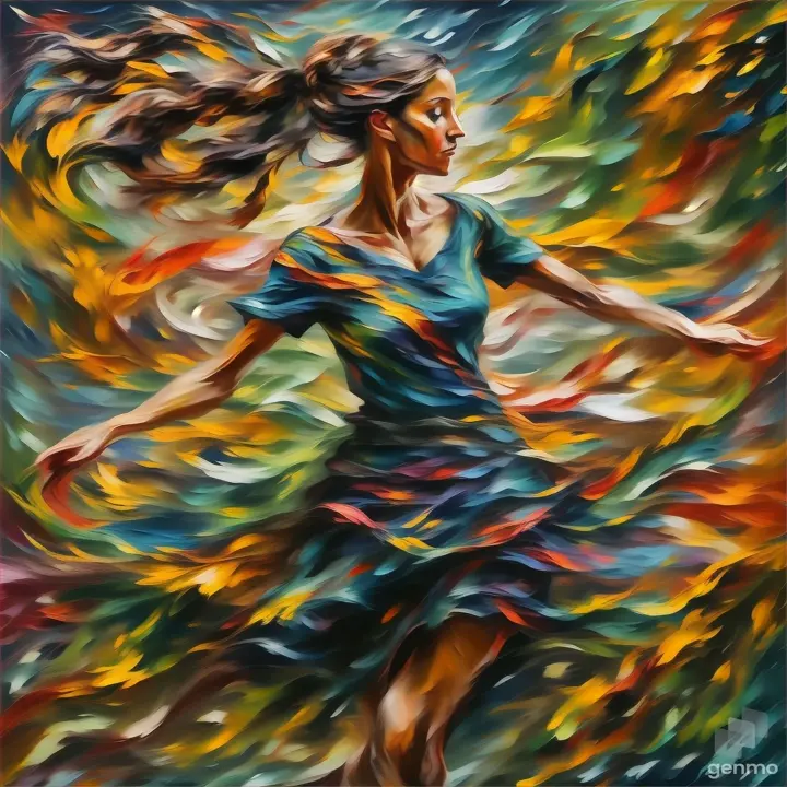 female figure dancing, oil painting with brushstrokes