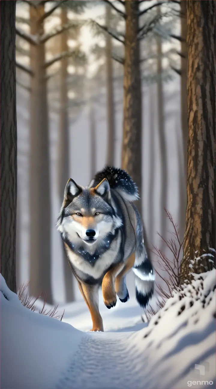lobo hermoso en el bosque con nieve, hermoso realisitco en movimiento ,perfecta 8k , realisitico