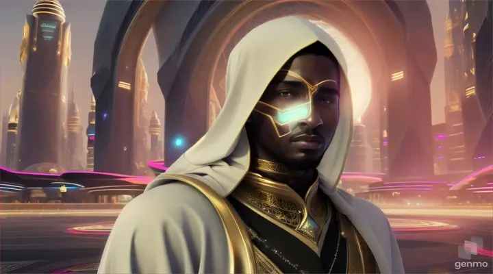 dark-skinned Black Muslim young Man mystic warrior wearing a white Islamic robe with gold embroidery and a clean-shaven face, standing in a futuristic mystical city, majestic, futuristic, using mystic powers, landscape-video size