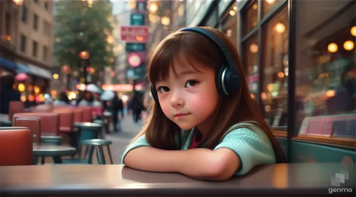 In the bustling city, a girl sits at the corner of a coffee shop, her headphones on as she studies. The vibrant colors of the cityscape are reflected in her eyes, and the Studio Ghibli style adds a dreamy quality to the image, size 1280x720