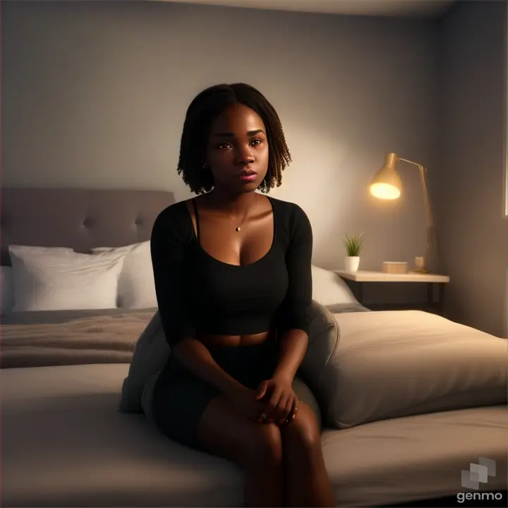 cinematic contour light 8k, ultra realism details sharp full body sad black woman 25 years old in simple casual clothe, she is sad crying expression, sitting in old bed room  , dynamic motion suspense night room scene”