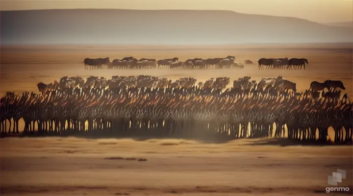 several animals including giraffes, zebras, gazelles, and hyenas are running in a herd