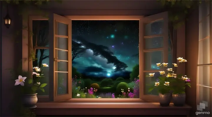 From the bed you can see the stars in the night sky and a mysterious garden with flowers and trees, very realistic. 