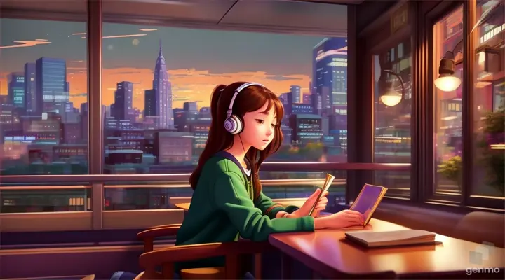 n the bustling city, a beautiful girl sits at the corner of a coffee shop, her headphones on as she studies. The vibrant colors of the cityscape are reflected in her eyes, and the Studio Ghibli style adds a dreamy quality to the image, size 1280x720