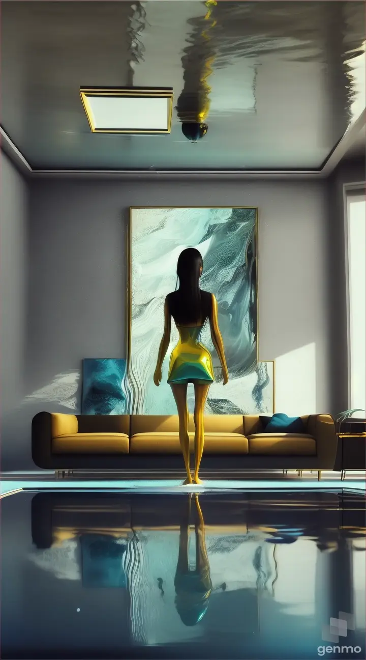 Ultra surrealistic cinematic minimalistic milky living room filled with water, Jakarta woman stands confidently on the surface, the ceiling visible beneath