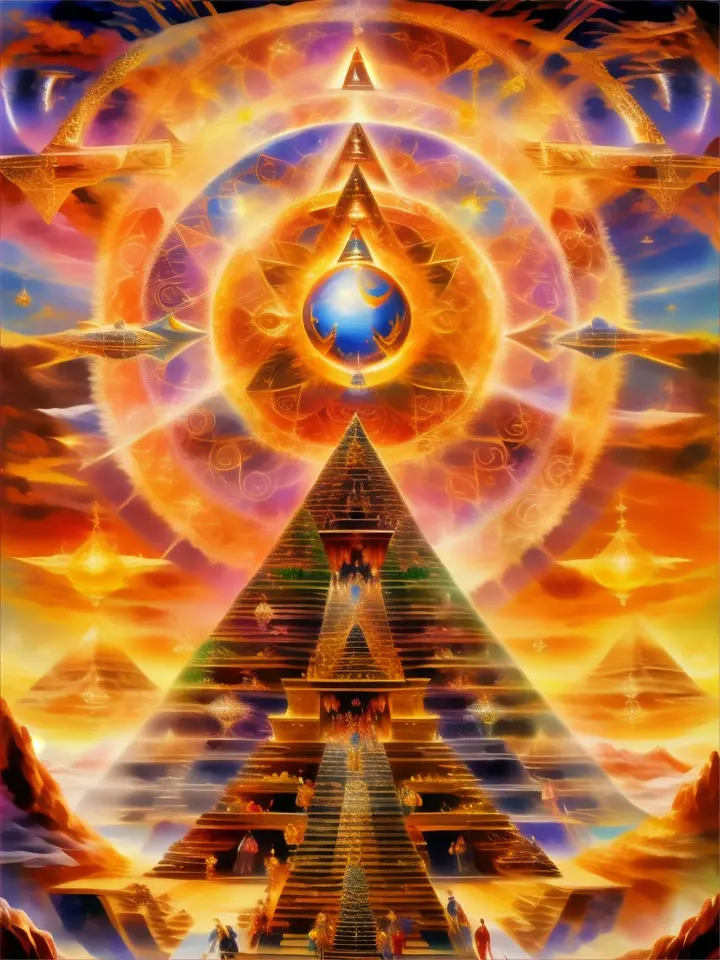 a painting of a pyramid surrounded by people