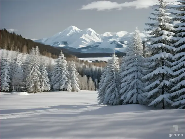 A clean, minimalist view of a mountain cabin amid a winter forest, with skiers in the distance