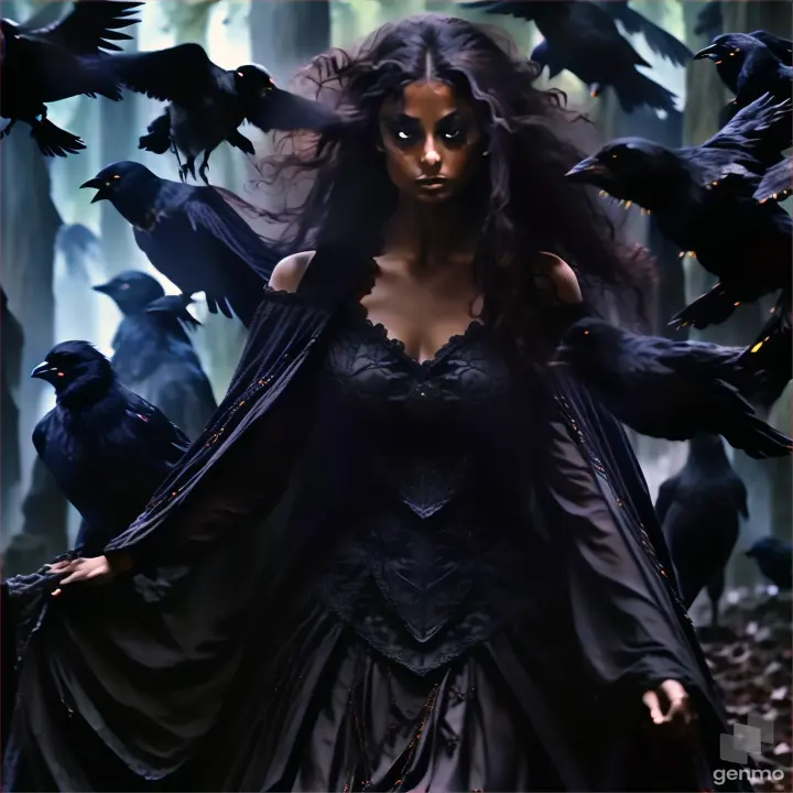 a woman in a black dress with crows flying around her