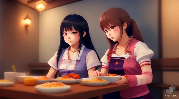 Señorita de anime Hinako Shijou le sirve comida a sus compañeras Nanako Matsutaka y Teni Shizen.