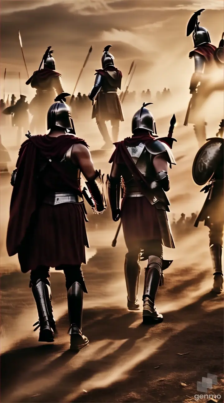 a group of men in armor walking across a field