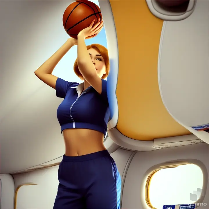 a woman in an airplane cabin holding a blue umbrella. plays ball.  picks up a basketball with both hands.  jumps up and throws the basketball into the basketball hoop.  overall plan.