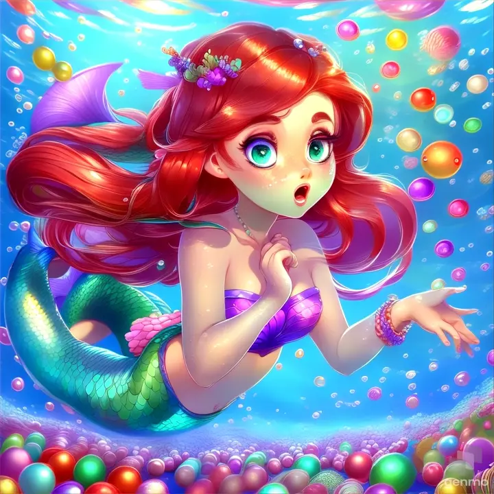  a beautiful  mermaid with red hair ,purple tube ,green tail   big eyes, floating looking surprised  choosing  colorful pearls using hand  under water animation cartoon  zoom in 