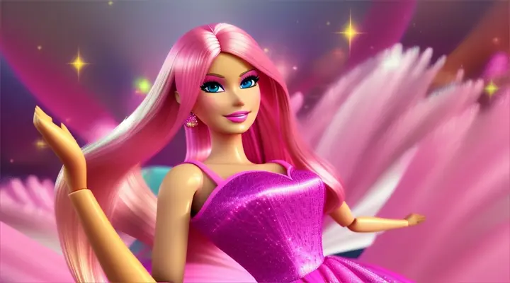 high quality 3d cartoon animation of barbie wearing pink dress in her dream world