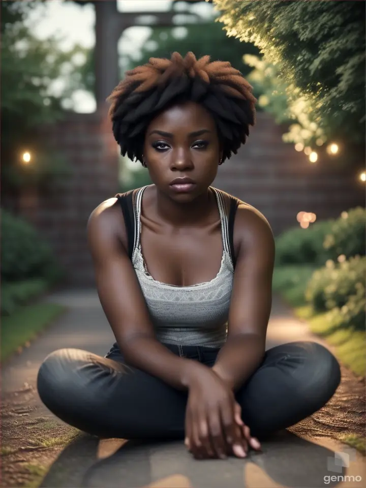 cinematic contour light 8k, ultra realism details ,sharp , full body black woman angry 25 years old in simple in casual clothe, she its angry sad sitting on floor in the dark garden horror movie scene gosh  