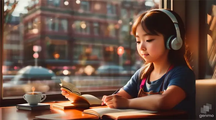 A beautiful girl sits at the corner of a coffee shop, her headphones on as she studies. The vibrant cityscape behind her is a perfect backdrop for her focused expression. The Studio Ghibli style adds a whimsical touch to the image, making it stand out from the rest, size 1280x720