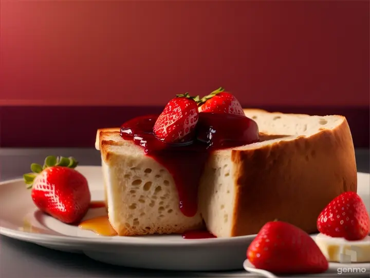 a piece of bread with jam and strawberries on a plate