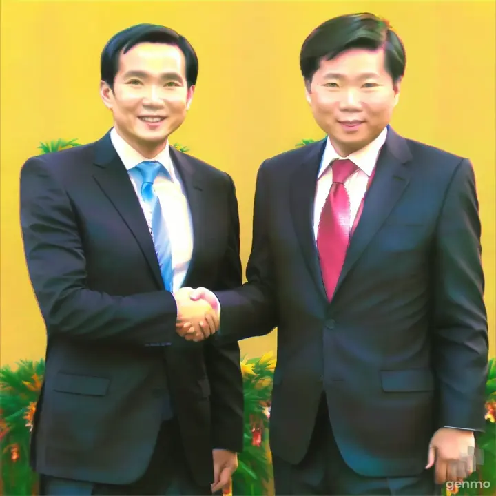 two men in suits shaking hands in front of a yellow wall, in anime style