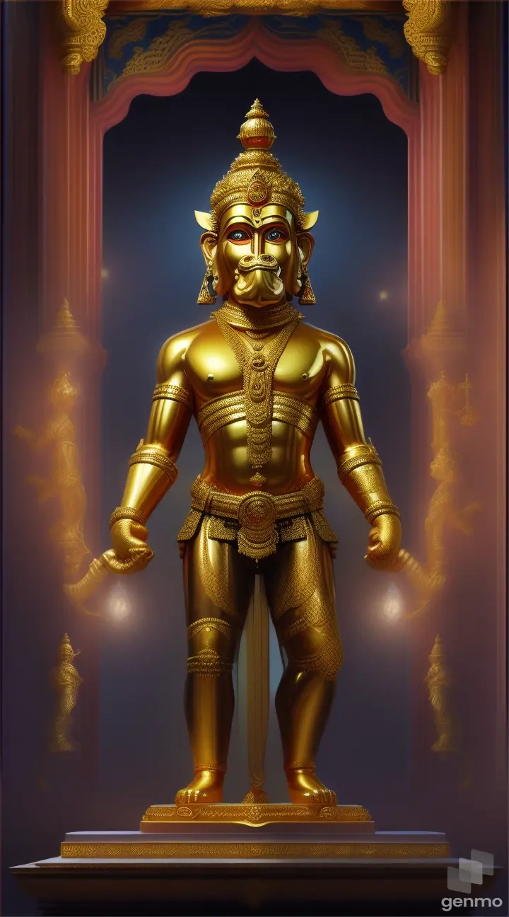 Generate stunning high quality illusion artwork with Stable Diffusion Hanuman as a golden statue, standing guard with a fierce but gentle presence