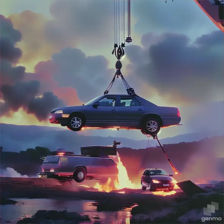 a car being lifted by a crane over a fire