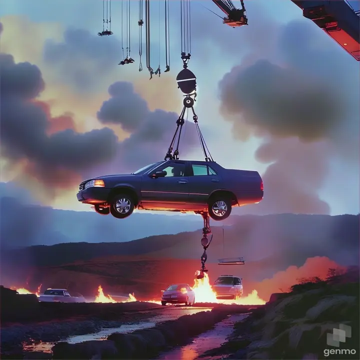 a car being lifted by a crane over a fire