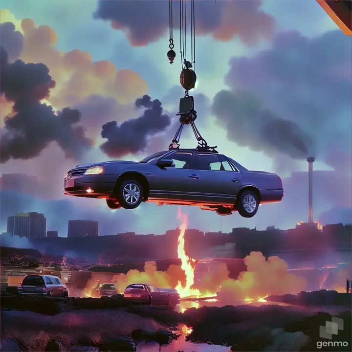 A car being lifted by a crane over a chaotic city on fire