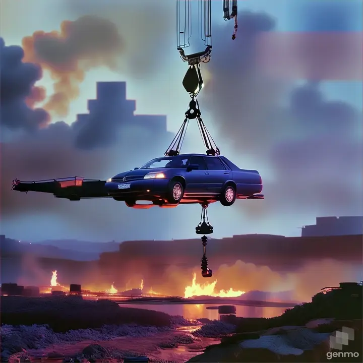 A car being lifted by a crane over a chaotic city on fire