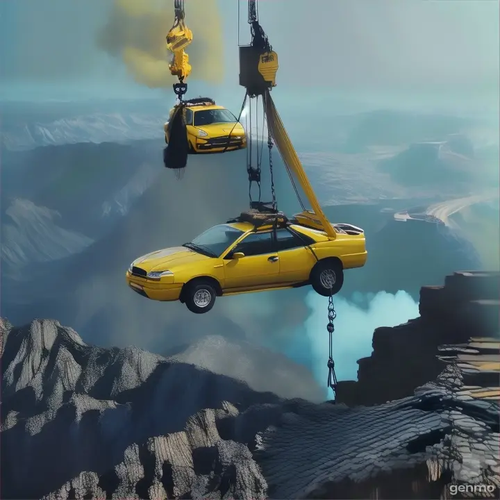 a yellow car being lifted by a crane