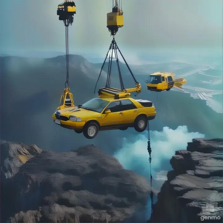 a yellow car being lifted by a crane