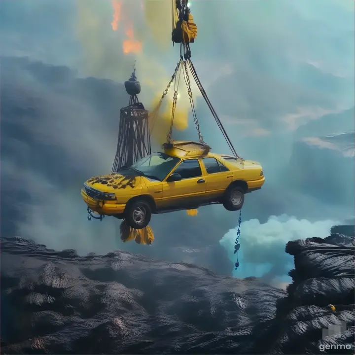 a yellow car being lifted by a crane