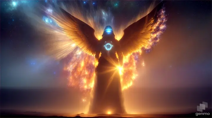 An angel emerging from an exploding planet