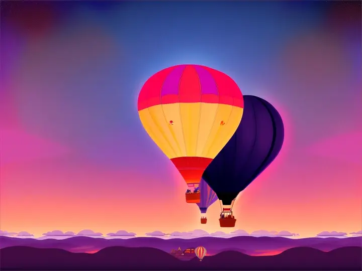 Journey on a cotton candy hot air balloon: The children board a hot air balloon made of cotton candy and fly through the night sky, cartoon style, Disney style 