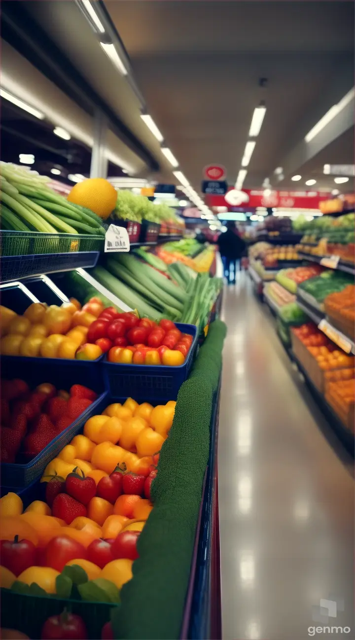 inside a grocery supermarket, fruits, vegetables close-up, cinematic