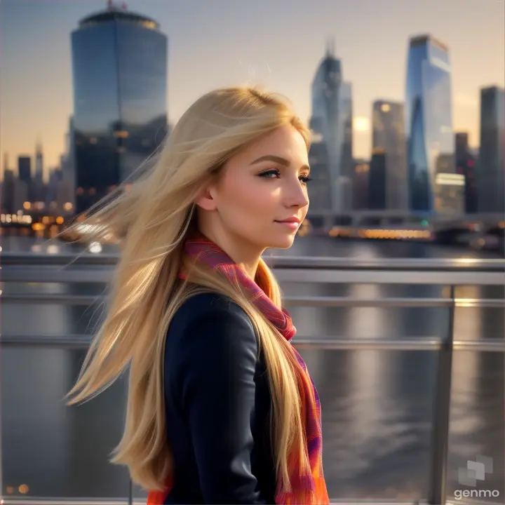 lively natural European girl opens/closes her eyes, her blonde hair fluttering in the wind and a silky scarf, a high-tech cityscape with skyscrapers is visible on the horizon
