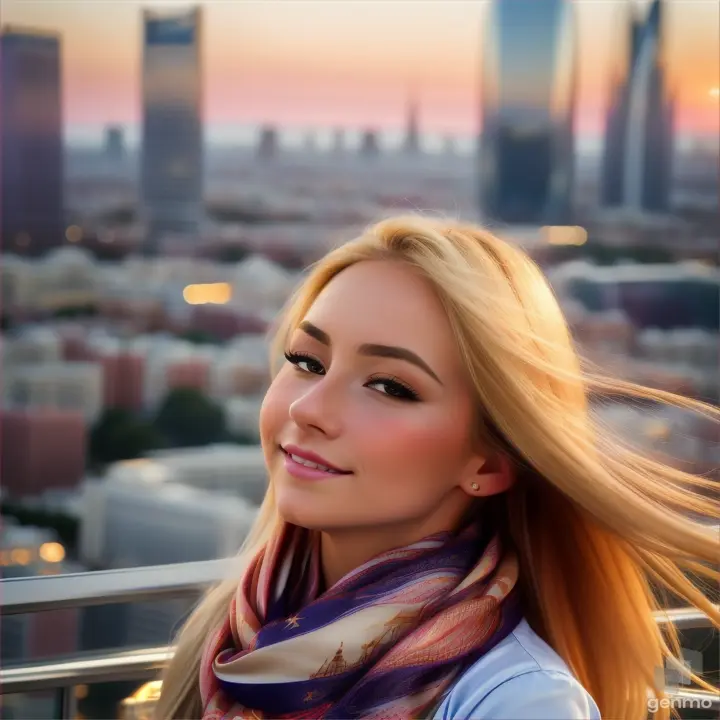 lively natural European girl opens/closes her eyes, her blonde hair fluttering in the wind and a silky scarf, a high-tech cityscape with skyscrapers is visible on the horizon