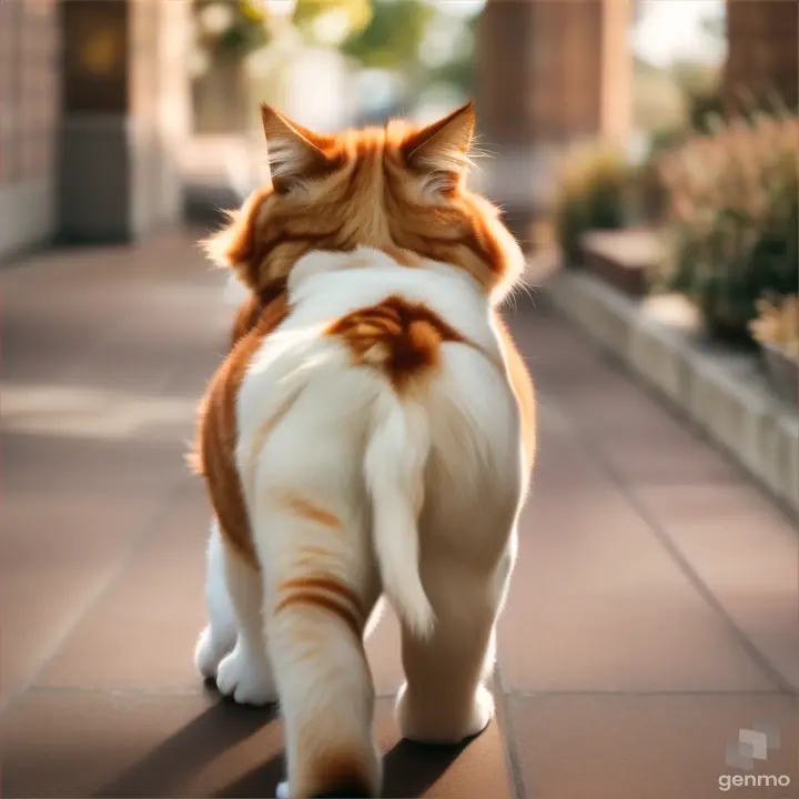 The ginger cat walks away, the rear view turns around and opens her mouth.  close-up