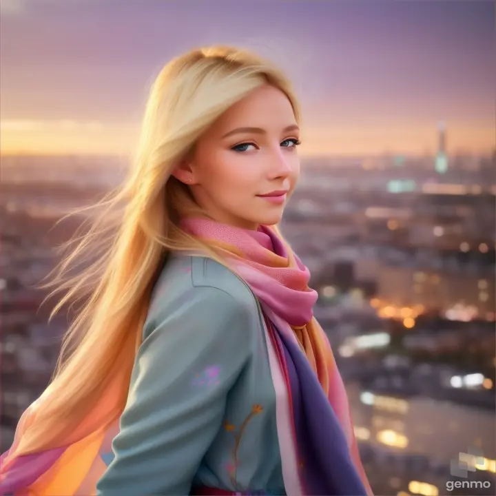 lively natural European girl opens/closes her eyes, her blonde hair fluttering in the wind and a silky scarf, a high-tech cityscape with skyscrapers is visible on the horizon