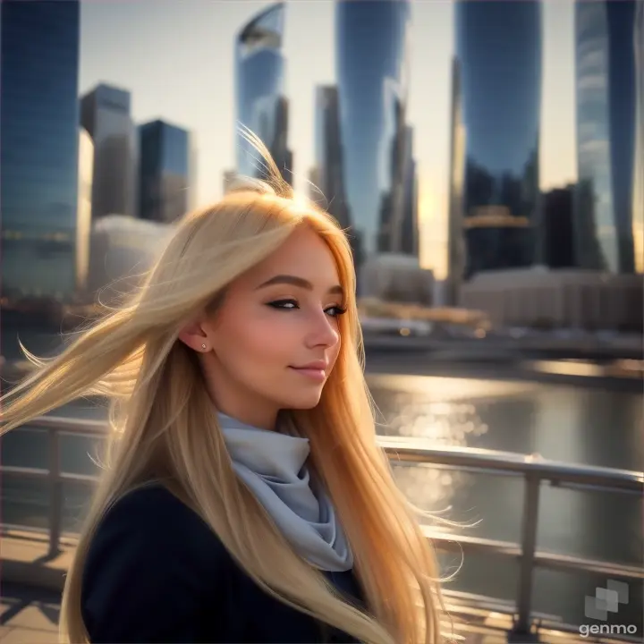 lively natural European girl opens/closes her eyes, her blonde hair fluttering in the wind and a silky scarf, a high-tech cityscape with skyscrapers is visible on the horizon