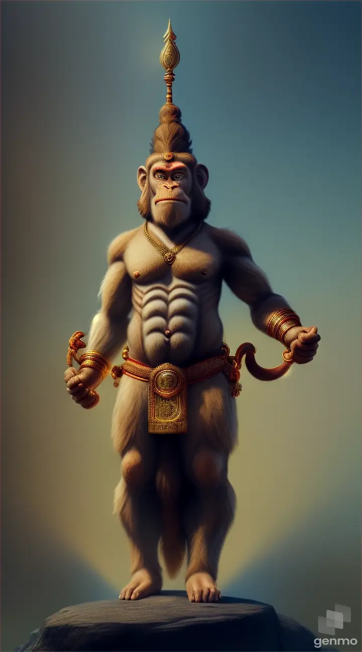 Utilize Stable Diffusion to create a captivating, high-resolution artwork depicting Hanuman overcoming a challenge through the power of illusion.  Emphasize his intelligence and resourcefulness.