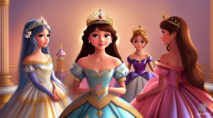 four animated princess in the ground they are wearing bright gown and crown and giving gifts to a 10 year old little cute girl. one is giving her crown and one is giving her cloths