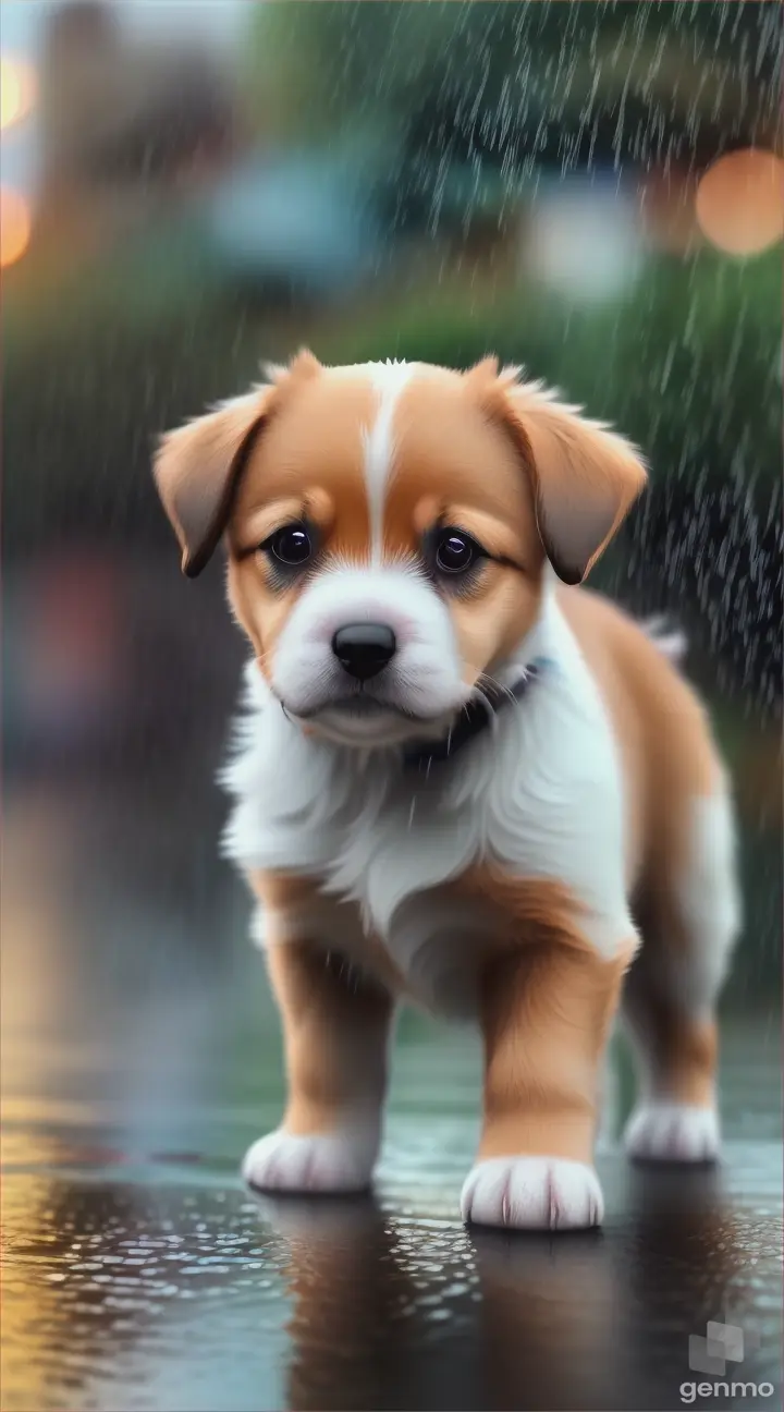 Cute little puppy watching deeply in rain