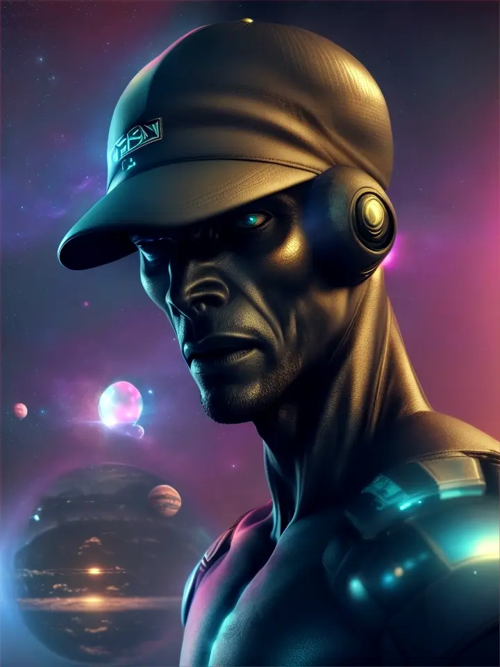  a badass alien with a good looking body wearing a baseball cap and smoking a cigarette with ringed planet in space in the background