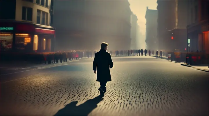 The protagonist walks along a crowded street, with people seemingly fading away as he progresses, symbolizing his inner journey.