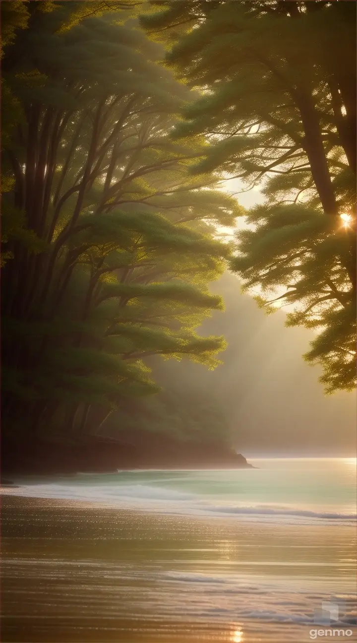 Capture the tranquil beauty of nature, with soft morning light filtering through the trees or gently kissing the shores of a beach. Smooth camera movement, utilizing slow pans or gentle tracking shots."